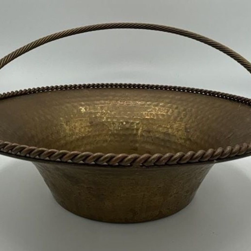 Vintage Mid-Century Hammered Brass Basket Bowl with Twisted Swing Handle